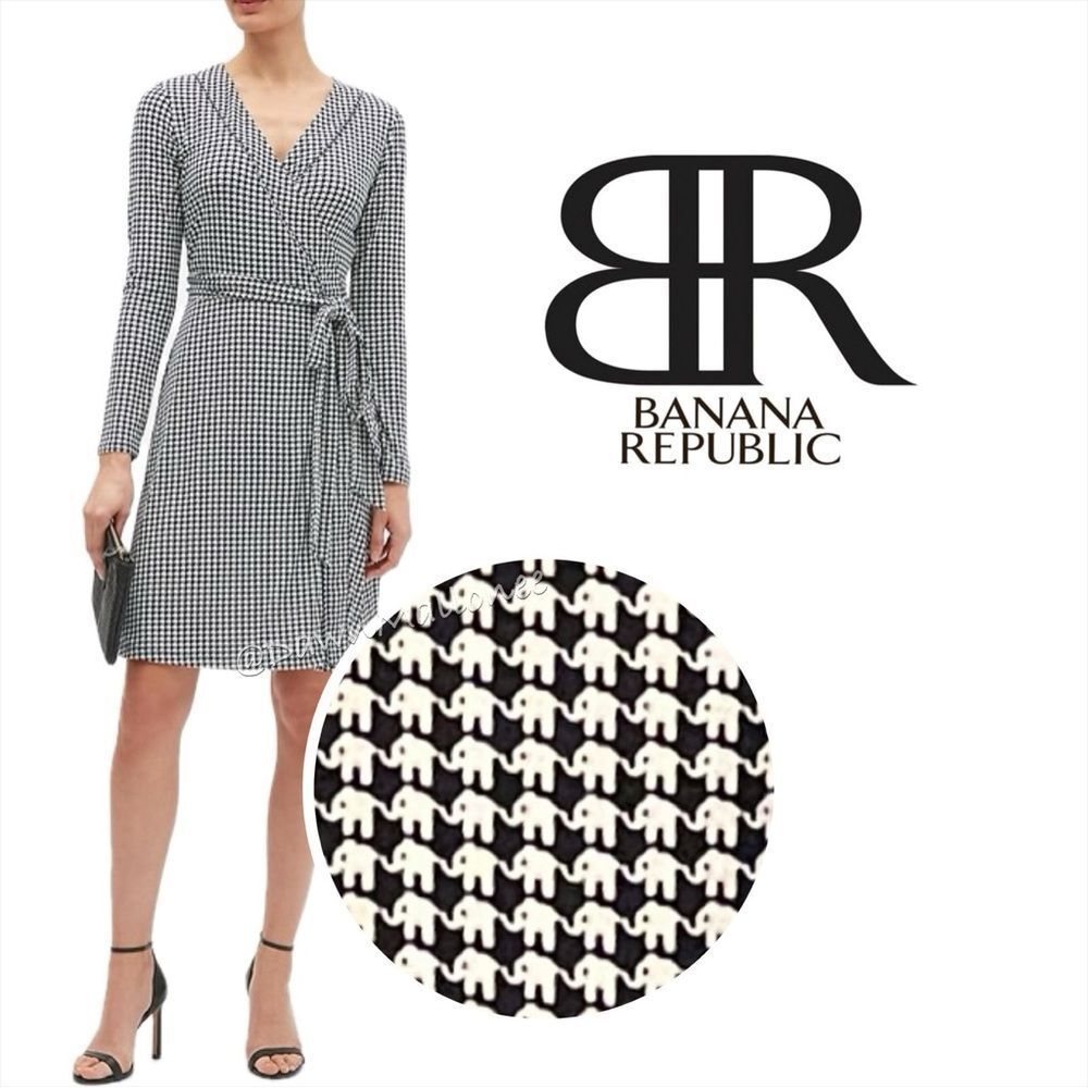 NWT Elephant Houndstooth Print Banana Republic B&W Long Sleeve Jersey Wrap Dress